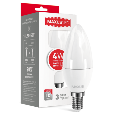 Світлодіодна лампа Maxus 5311 С37 4W 3000K E14 220V Код.53584
